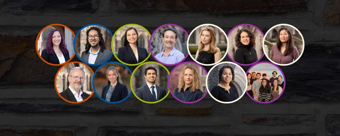 Two rows of photos of each of the award winners outlined by colorful circles against a dark background