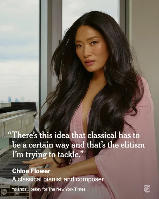 Chloe Flower sits at a piano and wears a pink dress. A quote from her reads: "There's this idea that classical has to be a certain way and that's the elitism I'm trying to tackle." Photo credit: Yolanda Hoskey for The New York Times