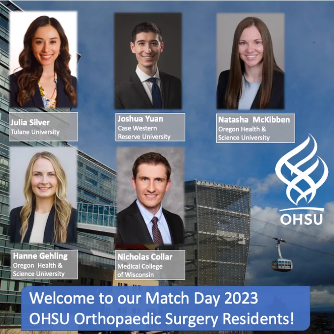 OHSU Orthopaedic Surgery 2023 Match! 
Joining us are Julia Silver (Tulane University), Joshua Yuan  (Case Western Reserve University), Natasha McKibben and Hanne Gehling (Oregon Health & Science  University), Nicholas Collar (Medical College of Wisconsin)