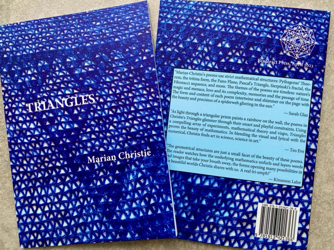 Front and back over images of 'Triangles', a collection of poetry by Marian Christie, published by Penteract Press.