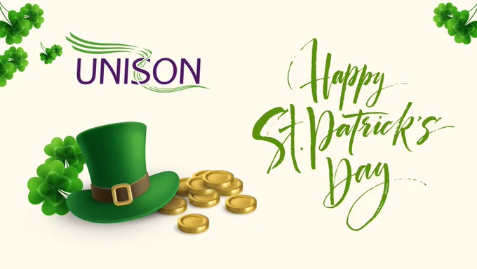 Image of a green top hat on top of some gold coins and a four leaved clover. Text ‘Happy St Patrick’s Day’