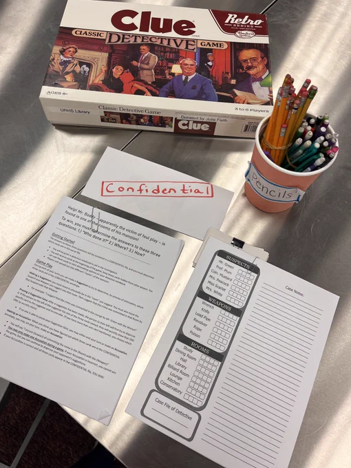 Instruction sheets with game rules, detective sheets for game play, and the "confidential" envelope a cup of pencils, and the board game of Clue.