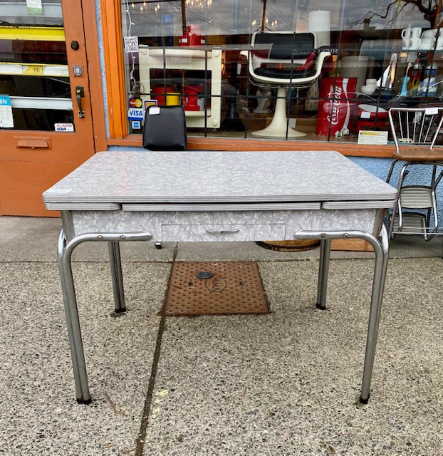 1950s Chrome and Arborite Table with Two Leaves and a drawer, Mid-Century Modern || $249 || L 41” leaves 9” each W 30”