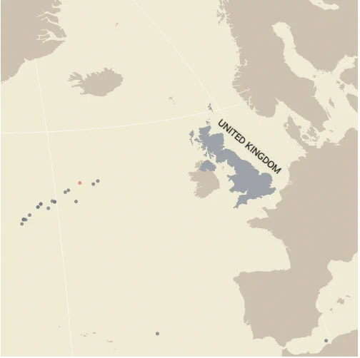 A map of the North Atlantic showing locations of ships sunk in a battle.