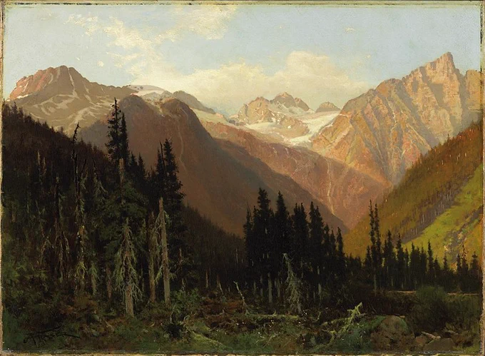 At the Rogers Pass, Summit of the Selkirk Range, B.C. , painting by John Arthur Fraser, 1886 via Wikimedia Commons.