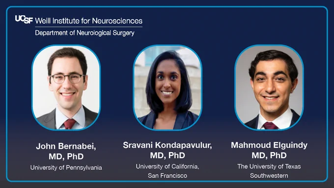 Graphic showing the logo of the UCSF Department of Neurological Surgery and headshot photos of the three people who just matched into the UCSF neurosurgery residency program. Text below their photos identifies them as John Bernabei, MD, PhD, from the University of Pennsylvania; Sravani Kondapavulur, MD, PhD, from the University of California, San Francisco; and Mahmoud Elguindy, MD, PhD, from The University of Texas Southwestern.