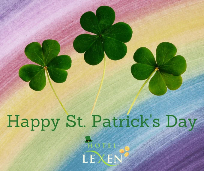 Rainbow background. 3-leaf clovers, Lexen Hotel North Hollywood logo, top hat and gold coins. text: Happy St. Patrick's Day