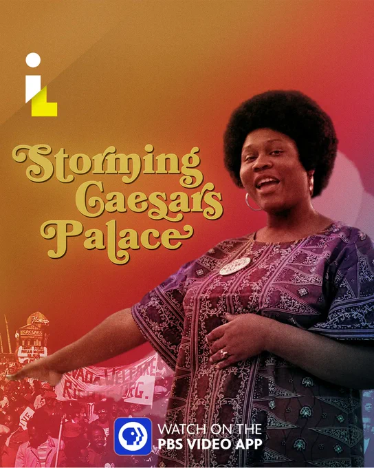 A photo of Ruby Duncan standing in front of demonstrators against a gradient orange and pink backdrop with the words "Storming Caesars Palace" "Watch on the PBS Video App"