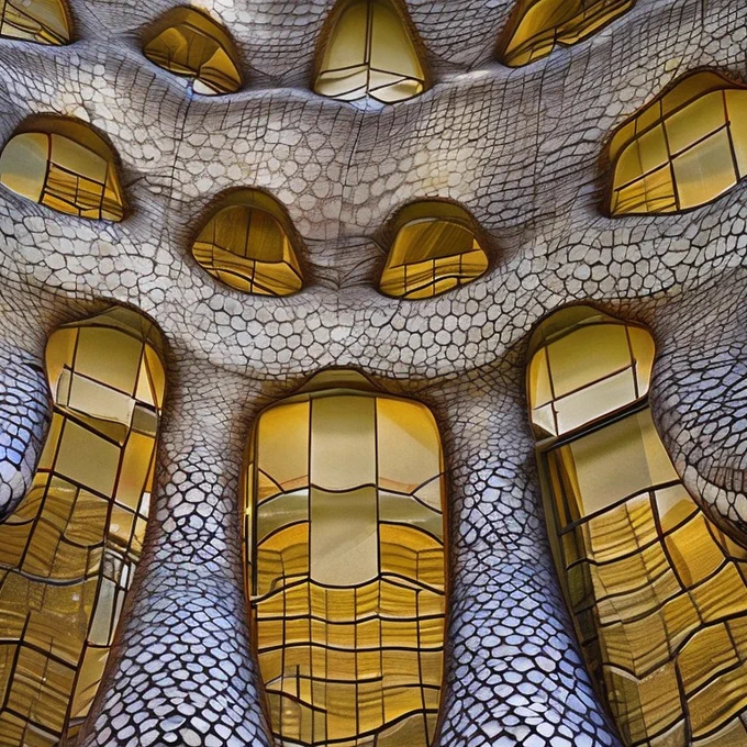 The facade of a antoni gaudi style building  resembling snake skin. Amber colored stained glass windows with organic beige colored snake scale stones