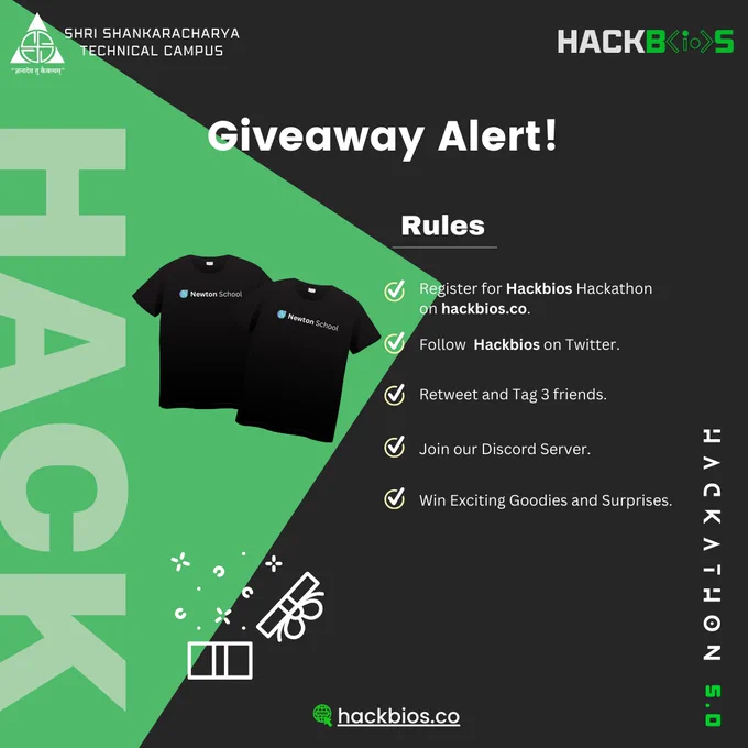 🚨Attention all hackathon participants! We're excited to announce a special giveaway🎁 alert to keep your spirit high and motivation soaring throughout the hackathon!

We're giving away the fantastic high quality "Newton School" T-shirts 👕.

 To enter the giveaway :
1.Register for hackathon on our website hackbios.co 
2.Follow us 
3.Reweet this post
4.Tag 3 friends 
5.Join our discord server
6.Comment "DONE" under the post .

Winner will be announced in one week. Good luck! #hackathon5.0 #hackbios #opportunity  #Giveaway