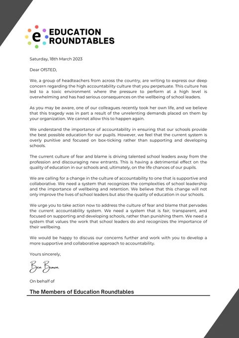 Letter to Ofsted from the members of EdRt demanding change following the death of a headteacher which the OfSTED regime contributed to.