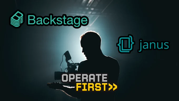 A man is holding a camera in the backlight. There are three logos on the picture. top left is Backstage, middle right is janus, bottom middle is Operate First.