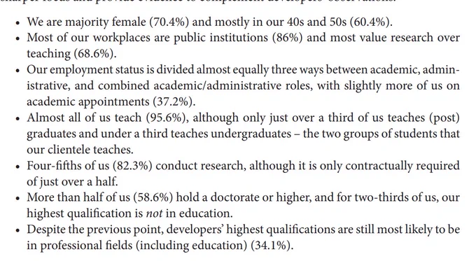 • We are majority female (70.4%) and mostly in our 40s and 50s (60.4%).
• Most of our workplaces are public institutions (86%) and most value research over
teaching (68.6%).
• Our employment status is divided almost equally three ways between academic, administrative, and combined academic/administrative roles, with slightly more of us on
academic appointments (37.2%).
• Almost all of us teach (95.6%), although only just over a third of us teaches (post)
graduates and under a third teaches undergraduates – the two groups of students that
our clientele teaches.
• Four-fifths of us (82.3%) conduct research, although it is only contractually required
of just over a half.
• More than half of us (58.6%) hold a doctorate or higher, and for two-thirds of us, our
highest qualification is not in education.
• Despite the previous point, developers’ highest qualifications are still most likely to be
in professional fields (including education) (34.1%).