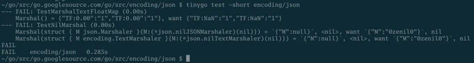 Screenshot showing tinygo running encoding/json tests and only failing two.