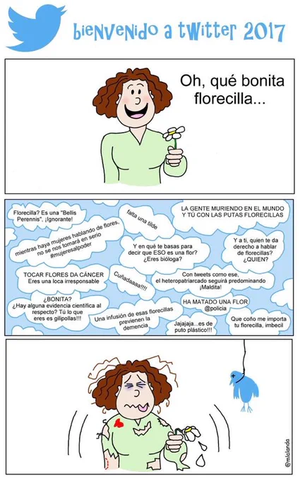 Una viñeta donde una persona twittea que una flor es bonita y terminan criticándola.  