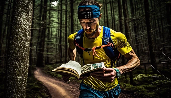 trail runner in the forest on loop 5 of the barkley marathons tears out a page of a book, 8k, super detailed, shot on a sony a9, natural lighting, --ar 16:9