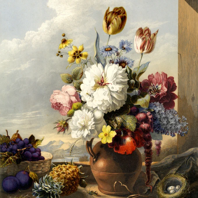 A vase of colourful flowers stands on a table inside a shed. Surrounding the vase is a range of fruits and a small bird’s nest. In the background a lake and mountains are visible through the open door.
