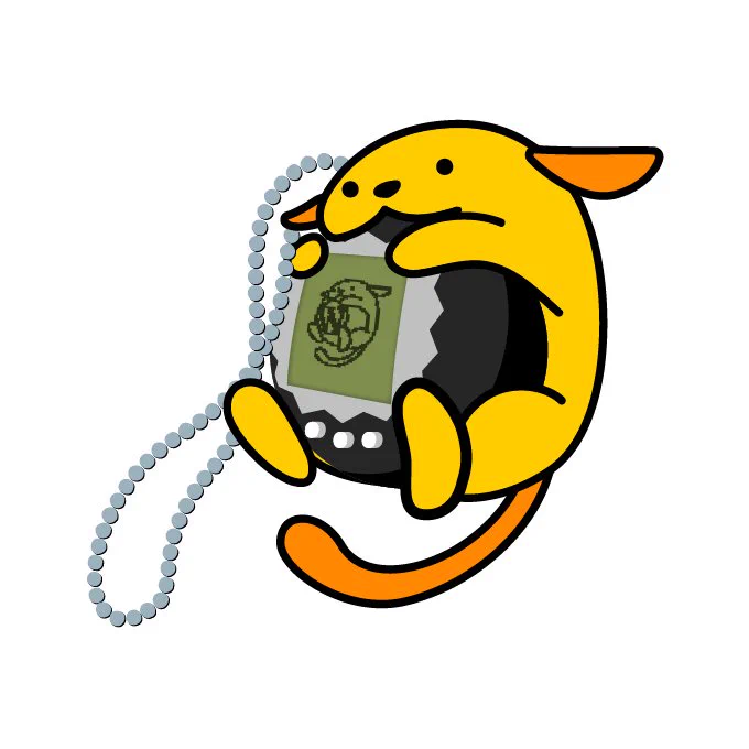 A Wapuu holds a Tamagotchi in his hands. The device is showing another Wapuu in pixelart style.