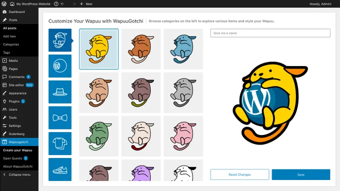 WapuuGotchi plugin UX showing 5 columns: categories on the left, 3 columns with clothing/items in the middle, and a custom Wapuu preview on the right.