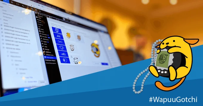An image showing the WappuGotchi mascot and in the background there is a MacBook showing the plugin itself in a browser.
