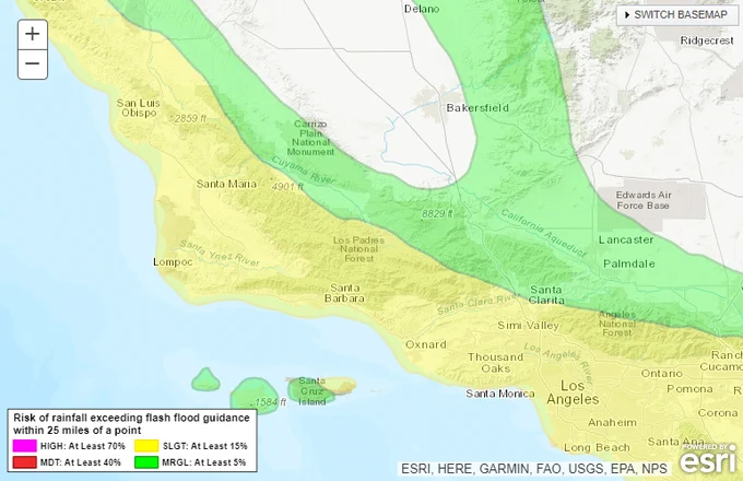 uesday to Tuesday night there is a slight risk (15-40 percent chance) for excessive rainfall and flash flooding along and west of the mountains with a marginal risk (5-15 percent chance) of flash flooding for our deserts. Mainly snow is expected at higher mountain elevations.