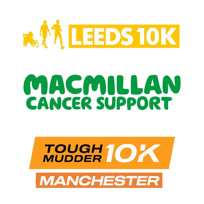 Leeds 10k logo, MacMillan Cancer Support logo and Tough Mudder 10k Manchester logo