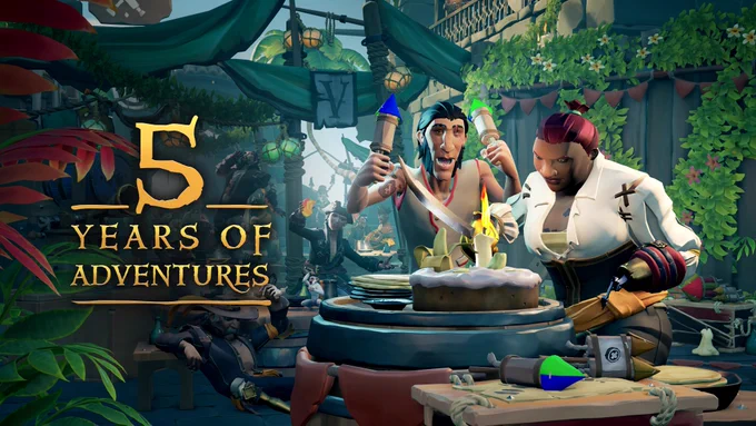 A bustling street party full of pirates. Two in the foreground are proceeding to cut an iced cake with a cutlass, the cake has banana sticking out of the top. The second pirate is looking slightly manic while wielding two fireworks in his hands. A piece of bunting is marked with 'V'. Text reads "Five years of adventures".