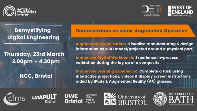 The National Composites Centre (NCC) and the Digital Engineering Technology & Innovation (DETI) partners: CFMS, Digital Catapult, Universities of the West of England, Bristol & Bath, will be holding an event focused on ‘Demystifying Digital Engineering’, taking place at the NCC, Bristol, 23rd March, 2-4.30pm.

Brian Holliday, Managing Director for Siemens Digital Industries & Co-Chair of Made Smarter Commission, will be delivering a keynote presentation on “Digital Transformation Imperative”.

There will also be a dedicated Panel Session featuring Brian Holliday (Managing Director for Siemens Digital Industries), Richard Oldfield (Chief Executive, NCC) and Marc Funnell (Head of Digital Engineering Technologies, NCC).