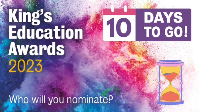 Colourful pink, purple and blue background, purple calendar graphic with '10 Days to Go!' at the top and a cartoon yellow hourglass in bottom right corner.