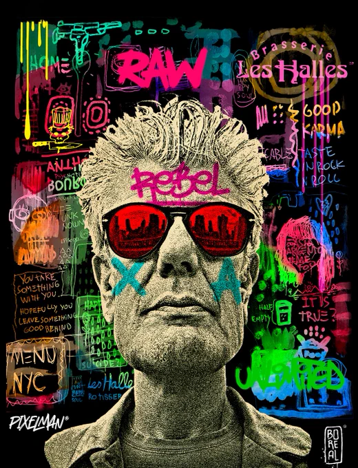 The narrator of culinary adventures, cook of stories, a submissive rebel, eater of grotesque meals and fine dishes of this fallen world of absurd contrasts, a taster of cultures, Bourdain the legend, the anti-hero, the myth, crossing the fine line between life and death, you left us only an exquisite dish; your legacy.

A Canapé Collaboration between Pixelman and Boreal
