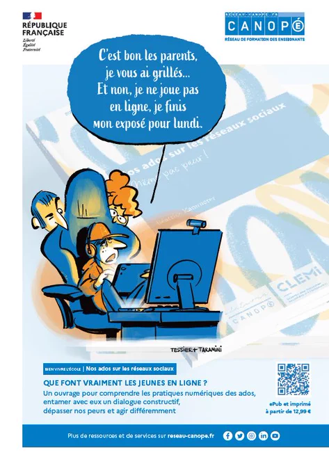 Extrait du livre Illustration . Ados devant un PC, parents cachés derrière son siège "C'est bon les parents, je vous ai grillés... Et non, je ne joue pas en ligne, je finis mon exposé pour lundi"