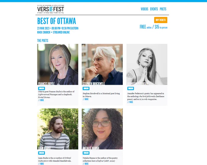Event page for 9 pm March 23 VersFest reading (at Knox Church and streamed), with photos of performers Frances Boyle, Stephen Brockwell, Jennifer Pederson, Liam Burke and Natalie Hanna.