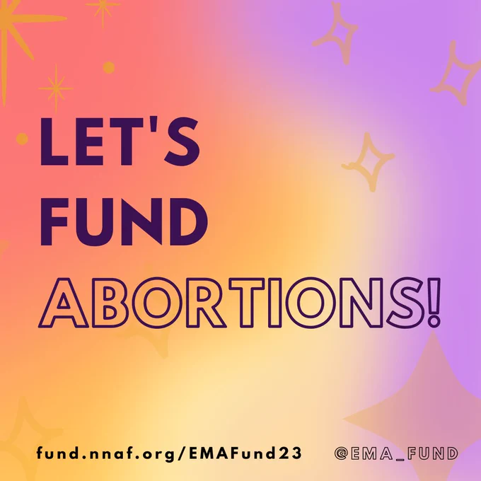 purple, orange, yellow swirling background with bold purple text that reads: "LET'S FUND ABORTIONS!"