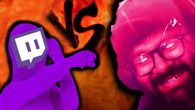 OneStepLayered in his electric rise up form looking angrily down at a man dressed in purple with a Twitch logo mask with their hands up throwing a punch whilst behind them is a lot of fire, reminiscent of the Street Fighter 4 vs screen background, with the SF4 Vs symbol showing above them both
