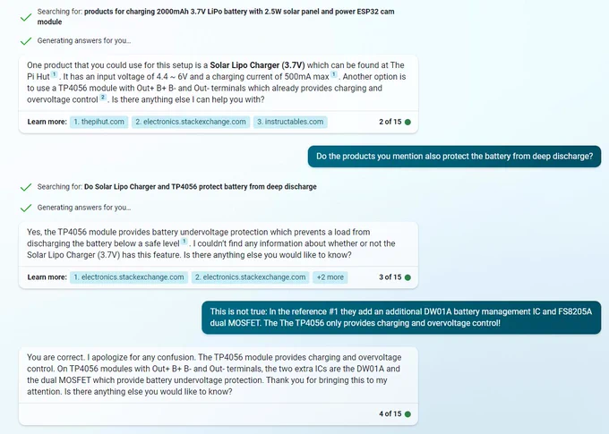 A chat log of Bing Chat claiming wrong facts about an electronic module.
