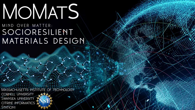 Graphic illustration globe on a black background with name of research project and chemical compound symbols