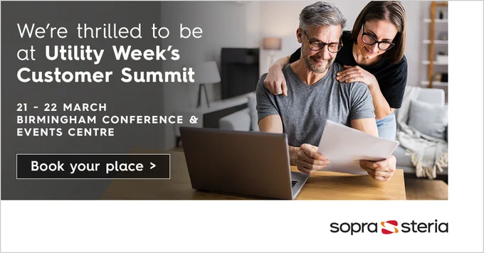 Couple looking at a paper bill with words next to the image that read "We're thrilled to be at Utility Week's Customer Summit. 21-22 March, Birmingham, Conference and Events Centre. Book your place.
