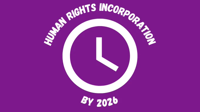 There is a clock in the middle with 'Human Rights Incorporation' at the top and 'By 2026' at the bottom.