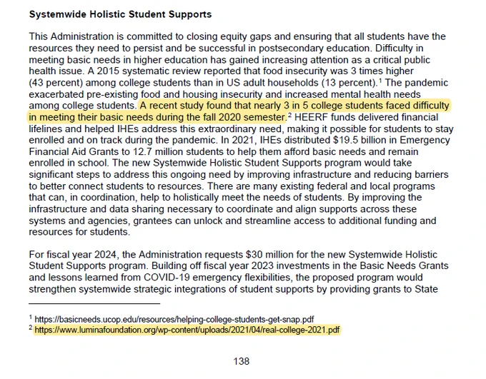 Quote from U.S. Department of Education FY 2024 budget request for a Systemwide Holistic Student Supports program.