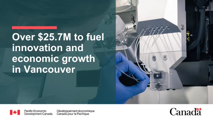 Image of a technician's hand working on equipment. Text reads: Over $25.7M to fuel innovation and economic growth in Vancouver 