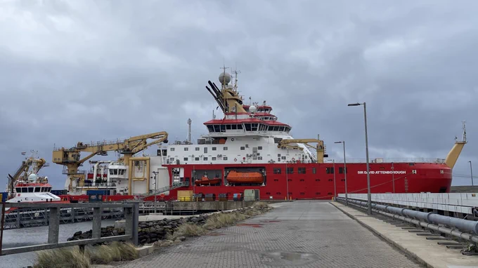 The sir David Attenborough pulled up in harbour in the Falklands