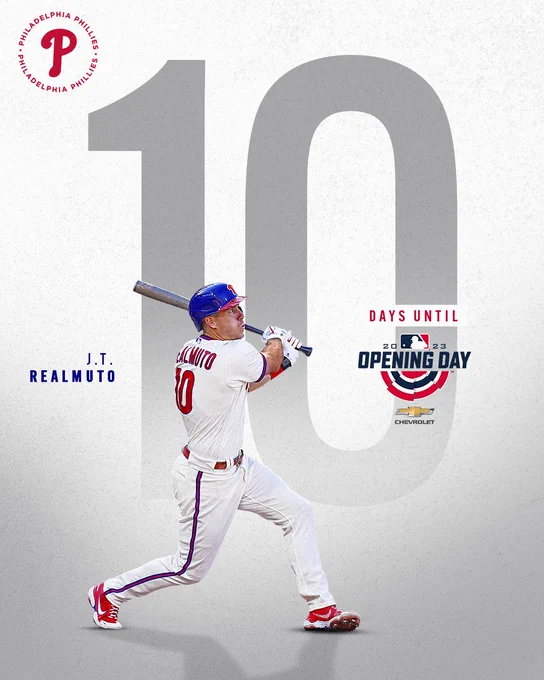 Graphic that says there are 10 days until 2023 Opening Day. The background is white with grey gradient text that reads "10". Within the number is text that reads "DAYS UNTIL" and the 2023 Major League Baseball Opening Day logo beneath it, with Chevy as the sponsor. In the middle is a cutout of J.T. Realmuto swinging a bat.