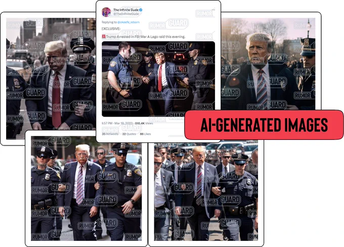 Several images seeming to show former President Donald Trump being arrested along with a tweet that reads, “Exclusive: Trump arrested in FBI Mar A Lago raid this evening.” The News Literacy Project has added a label that says, “AI-GENERATED IMAGES.”