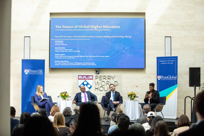The third panel of the day focused on the future of international academic capacity-building and knowledge-sharing. Panelists (from left to right) included: 

Martine Haas Martine Haas (Chair), The Lauder Professor & Professor of Management, The Wharton School; Anthony L. Davis Director, The Lauder Institute, University of Pennsylvania
David Norris, Vice Chancellor, University of Botswana
Mauricio Rodas, Former Mayor of Quito, Ecuador; Schlager Visiting Fellow at Perry World House 
Nadeen Spence
Student Services and Development Manager, University of the West Indies (UWI) at Mona, Jamaica; Visiting Fellow at Perry World House