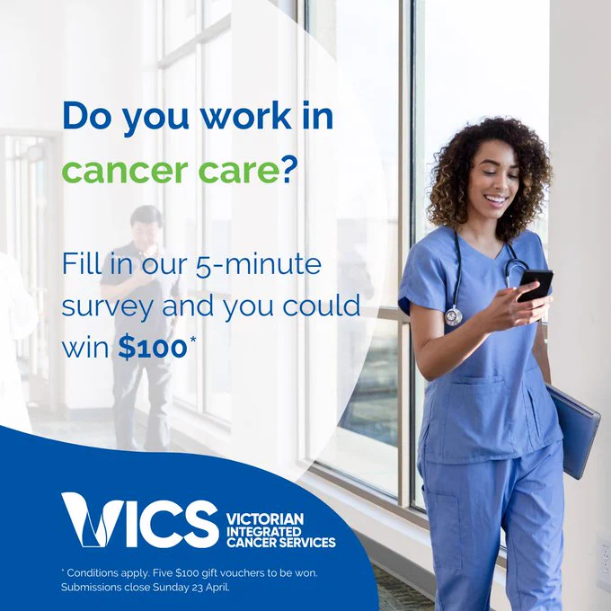 Image of a nurse with the words Do you work in cancer care?
Fill in our 5 minute survey and you could win $100.  