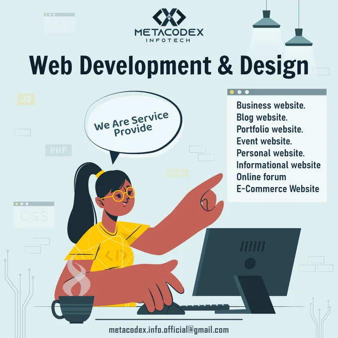 
WEB DEVELOPMENT & DESIGN

Business website.
Blog website.
Portfolio website.
Event website.
Personal website.
Informational website
Online forum
E-Commerce Website


OUR Portfolio :-

https://99designs.com/account/portfolio
https://dribbble.com/metacodex_infotech

Social Connect :-

https://www.instagram.com/metacodex_infotech/
https://www.facebook.com/MetaCodeX.Infotech/
https://www.linkedin.com/in/metacodex-infotech/

REACH US : metacodex.info.official@gmail.com


#webdevelopment #webdevelopmentcompany #webdevelopmentservices #webdevelopmentagency #frontendwebdevelopment #webdevelopmentdubai #ecommercewebdevelopment #webdevelopmentindia #webdevelopmentservice #customwebdevelopment #phpwebdevelopment #learnwebdevelopment #webdevelopmentsupport #bestwebdevelopmentcompany #webdevelopmentbootcamp #fullstackwebdevelopment #backendwebdevelopment #webdevelopmentinlagos #floridawebdevelopment #webdevelopmentmiami #webdevelopmentcompanymangalore #webdevelopmentjakarta #wordpresswebdevelopmen