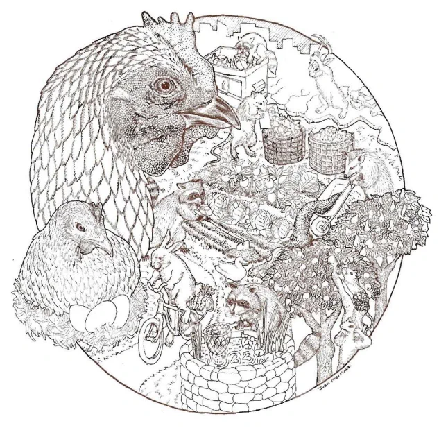 Image of a chicken with various animals riding bicycles and farming. 