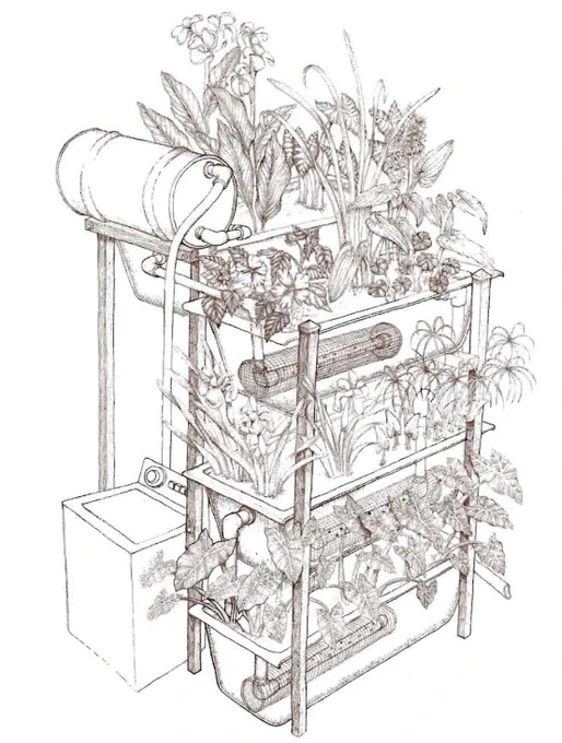 image of a water recycling stand using a washing machine that pumps the used water up and is then used to water large growing beds of plants. 