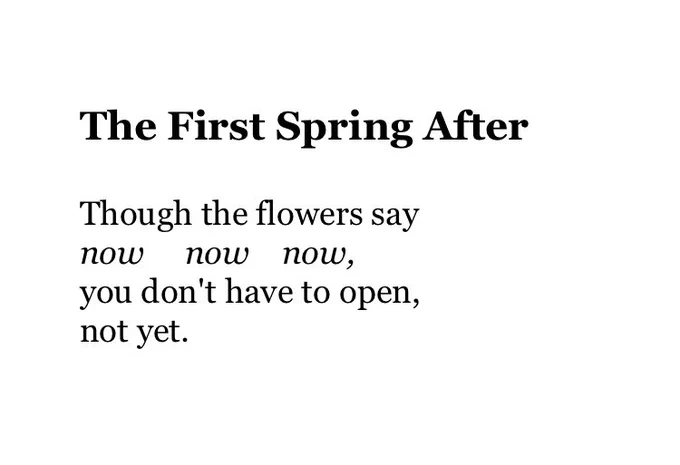 The First Spring After

Though the flowers say 
now     now    now,
you don't have to open,
not yet.