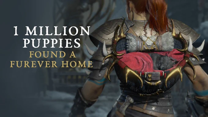 A cute Beta Wolf Puppy sleeps in an ornate backpack on a Diablo 4 character. Nearby text reads, One million puppies found a fur ever home.
